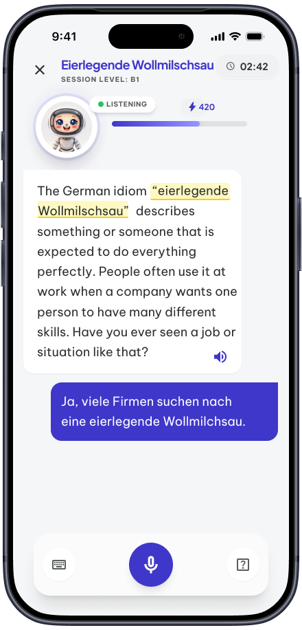Introduction screen where Lingo explains the German idiom