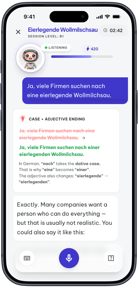 Correction screen highlighting a case and adjective ending fix